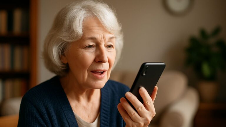 ältere Frau spricht zu Hause in ihr Smartphone