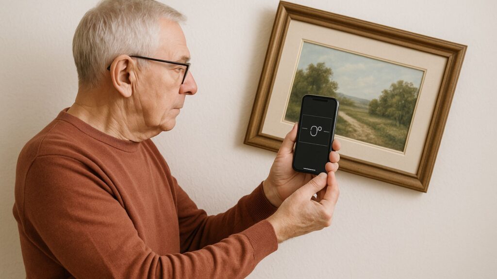 ein schiefes Bild an der Wand wird mit dem iPhone gerade ausgerichtet