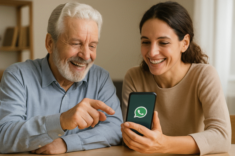 ChatGPT Image Jul 23, 2025, 06_34_35 PM Vater und Tochter sitzen zusammen und schauen auf ein Smartphone mit WhatsApp – ideal für Einsteiger.