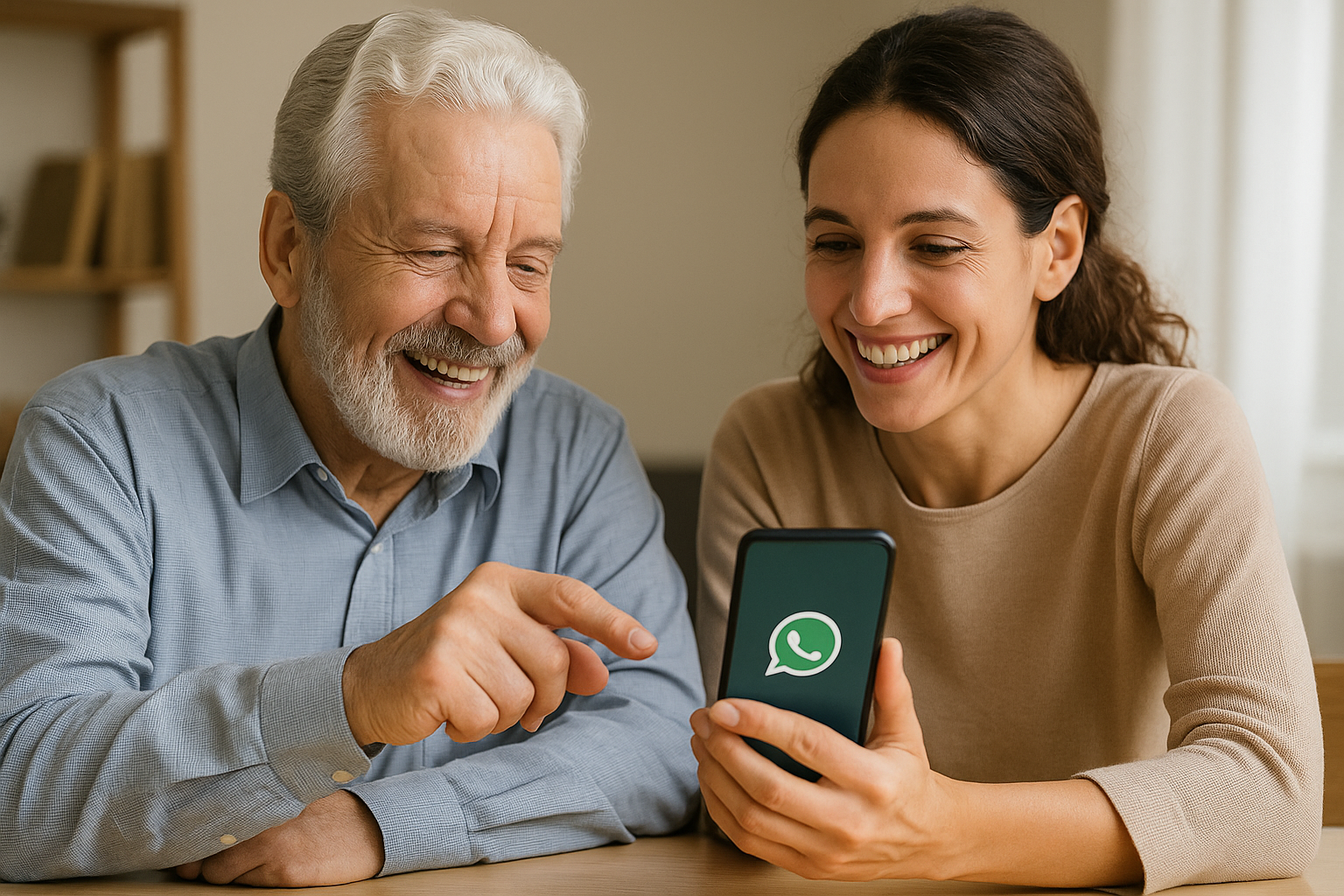 Vater und Tochter schauen gemeinsam auf ein Smartphone mit WhatsApp