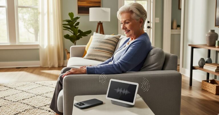 ältere Dame im Wohnzimmer mit GoogleAssistant