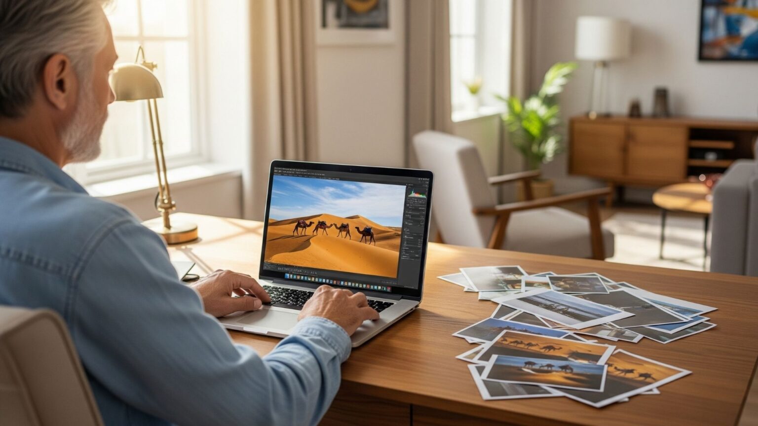 ein Mann bearbeitet seine Urlaubsfotos mit KI