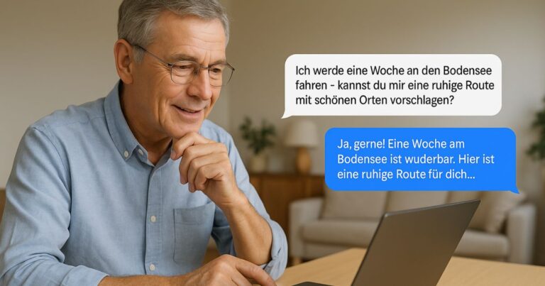 ein älterer Herr vor dem Laptop im Gespräch mit einer KI