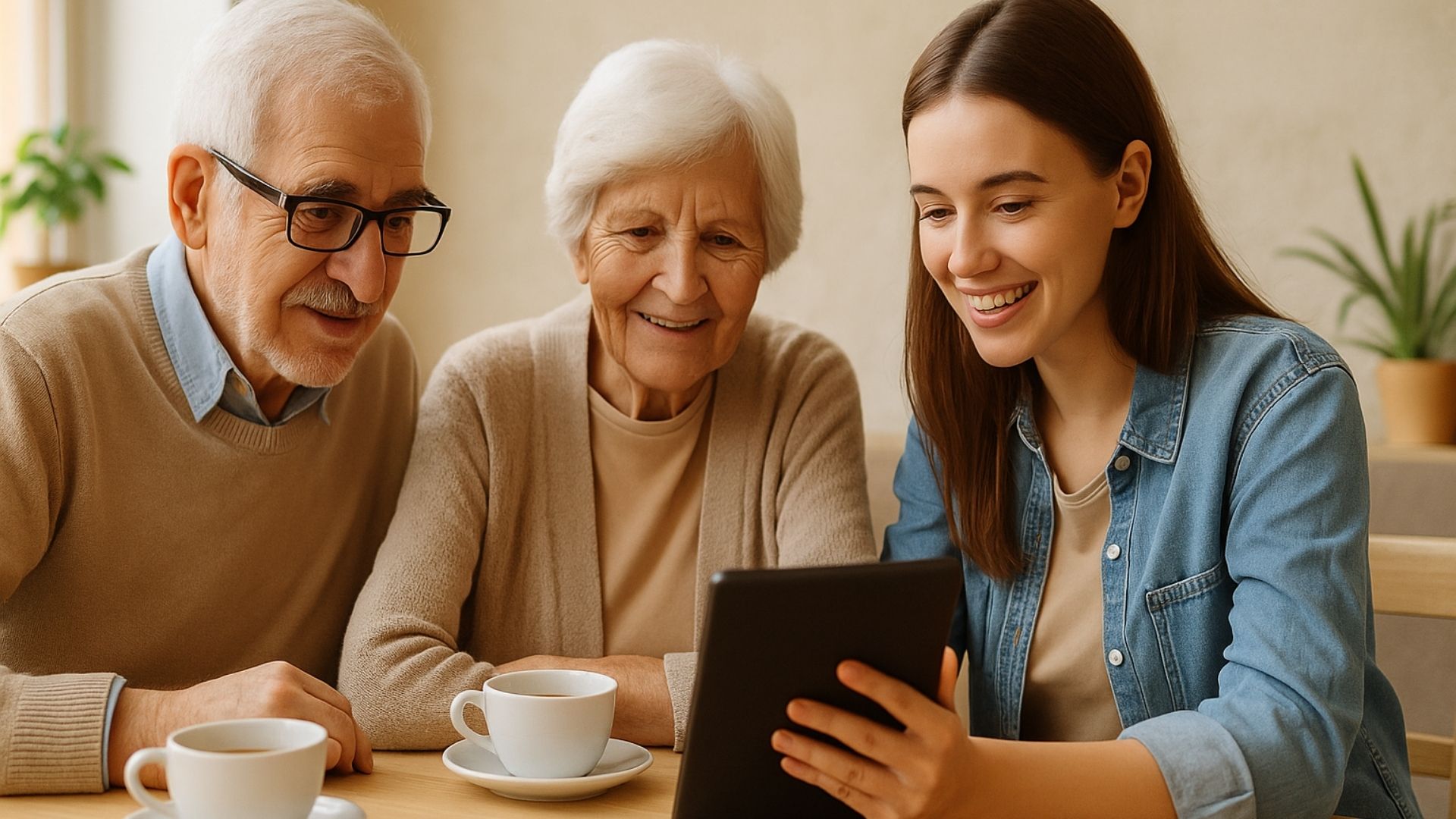 Menschen in einem Digitalen Café — gemeinsam am Tisch mit Tablet