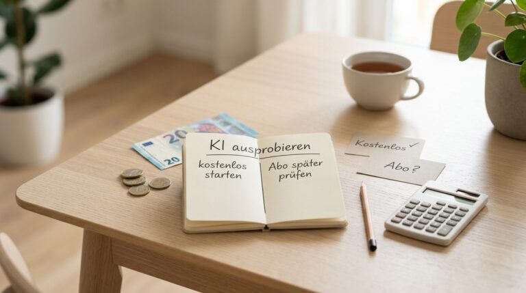 Notizbuch mit Entscheidung zwischen kostenlos starten und Abo später prüfen, daneben Euro-Geld und Taschenrechner.