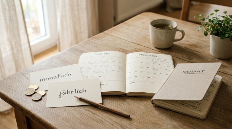 Kalender, Karten für monatlich und jährlich sowie Münzen als sachliche Abo-Entscheidung.