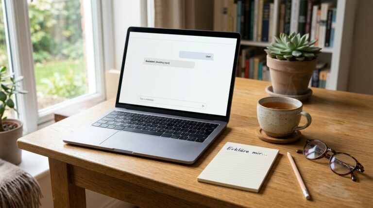 Unbrandeter Laptop mit einfacher Eingabefläche und Notiz für den ersten KI-Chat.
