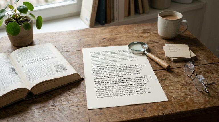 Ausgedruckter Text, Sachbuch und Lupe als ruhige Szene zum Prüfen von KI-Antworten.