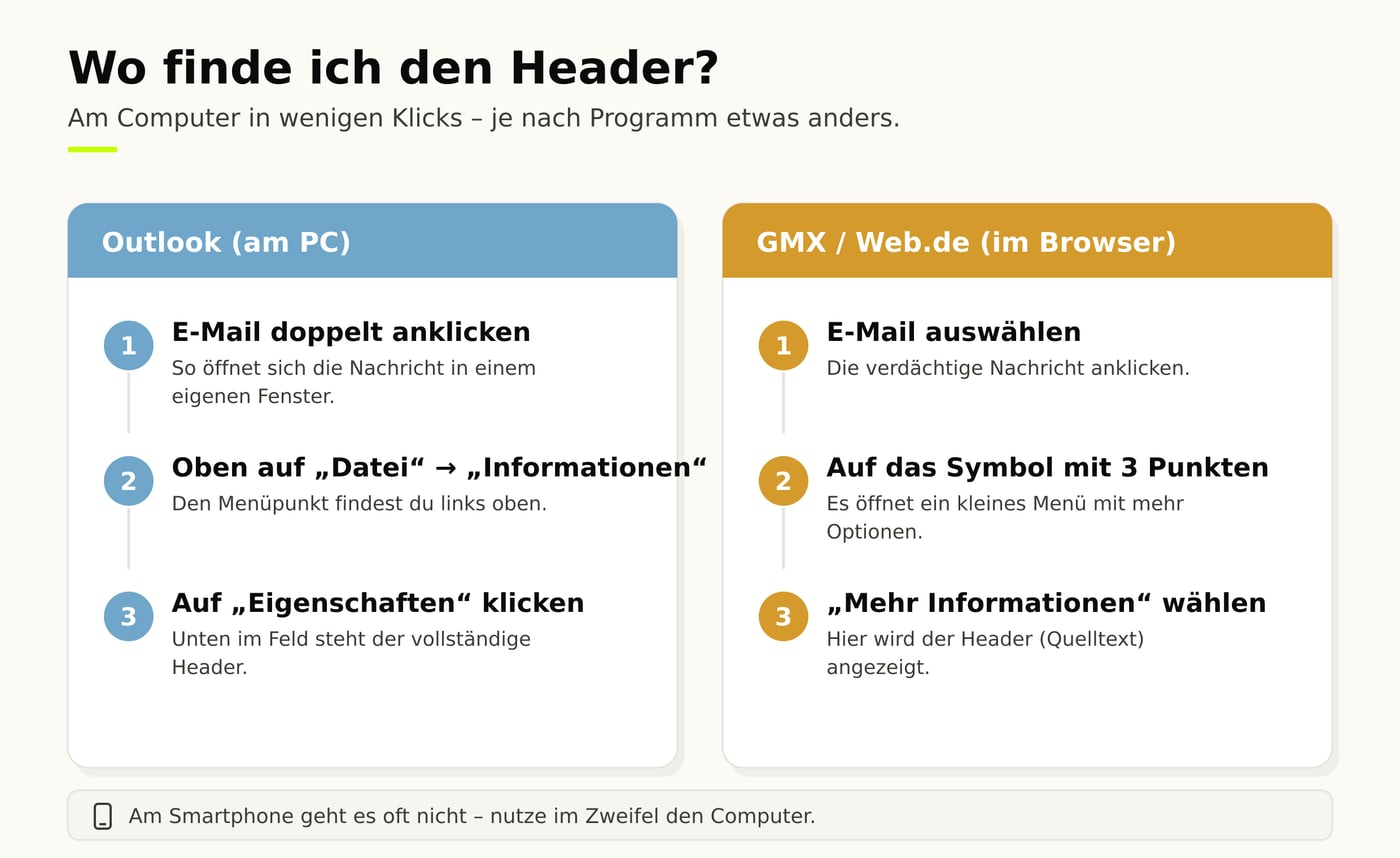 Anleitung: In Outlook über Datei, Informationen, Eigenschaften – in GMX über das Drei-Punkte-Menü und Mehr Informationen