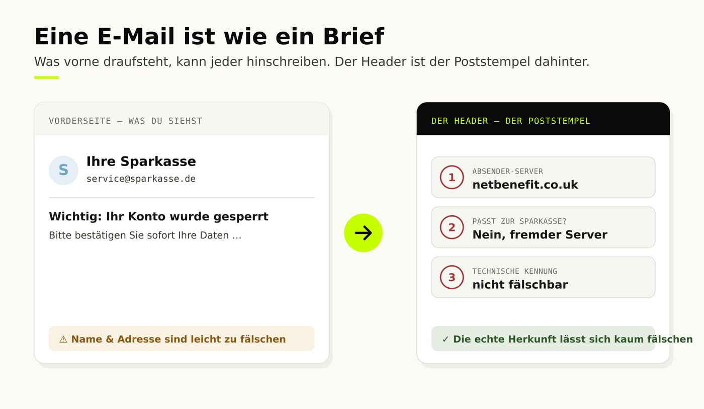 Eine E-Mail ist wie ein Brief: Die Vorderseite zeigt den angeblichen Absender, der Header verrät die echte Herkunft