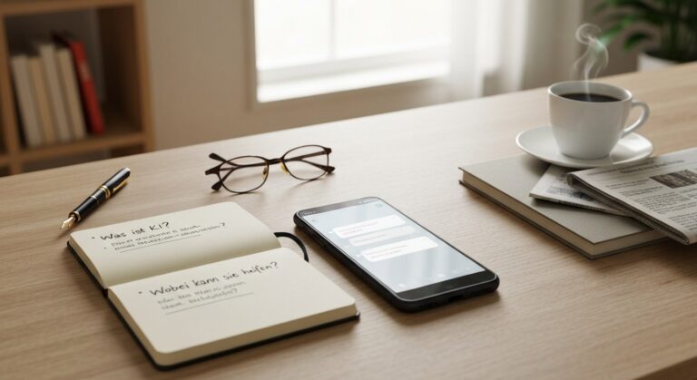 Ruhiger Schreibtisch mit Notizbuch, Smartphone-Chat, Brille und Kaffee als Einstieg ins Thema KI.