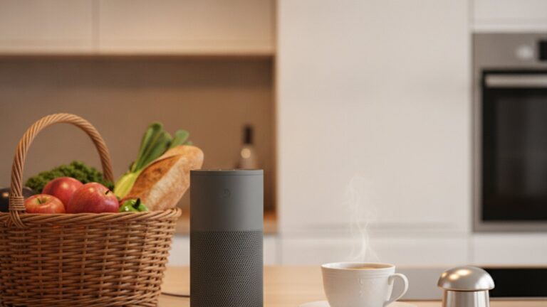 Unmarkierter Smart Speaker neben Einkaufskorb in einer Küche