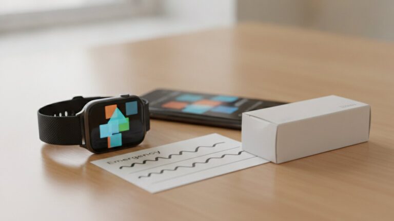 Unmarkierte Smartwatch und Smartphone mit Medikamentenbox auf hellem Tisch