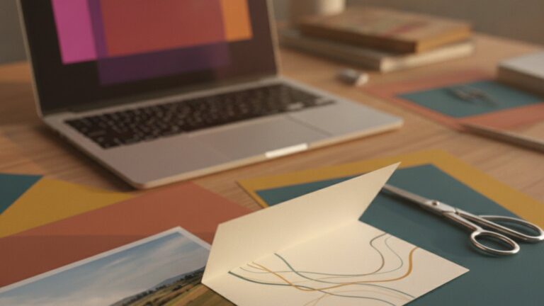 Gestaltungsarbeitsplatz mit Foto, Papier und neutralem Laptop ohne Logo