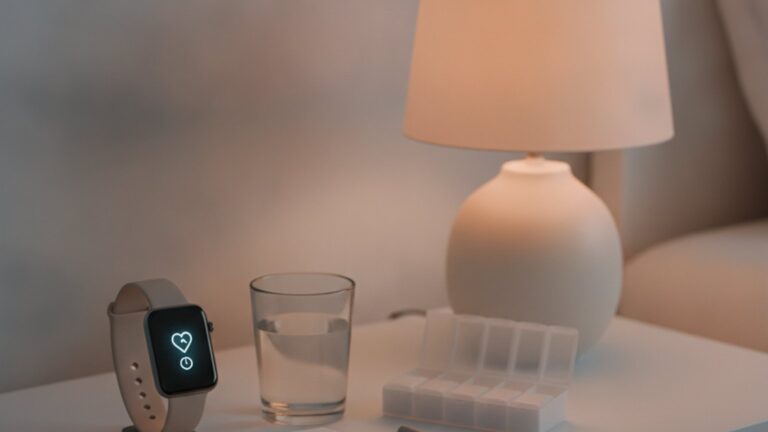 Smartwatch auf Nachttisch mit Wasser und Medikamentenbox als ruhiger Gesundheitshelfer