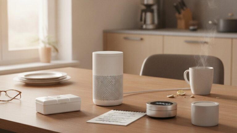 Smart Speaker und Alltagsgegenstände auf einem hellen Küchentisch