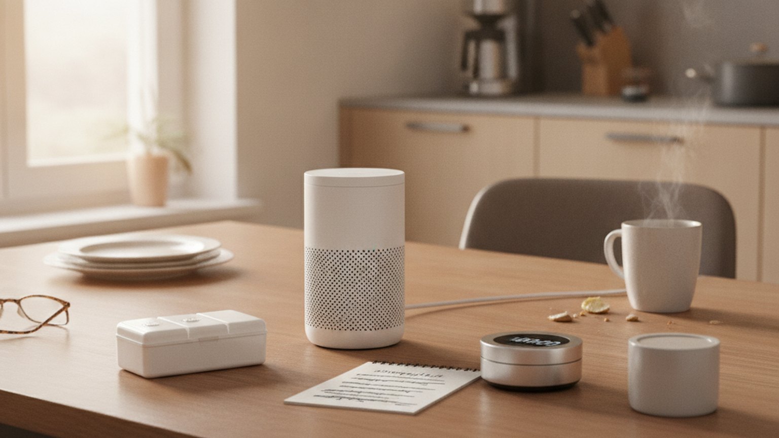 Smart Speaker und Alltagsgegenstände auf einem hellen Küchentisch