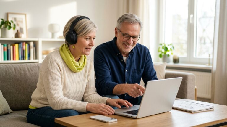 Zwei Menschen vergleichen Musikideen am Laptop – Symbolbild für KI-Musik-Apps