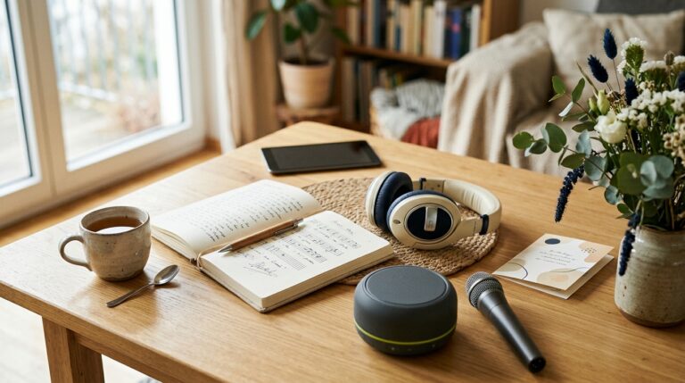 Musikidee mit Notizbuch, Mikrofon und Kopfhörern – Symbolbild für KI-Musik-Apps