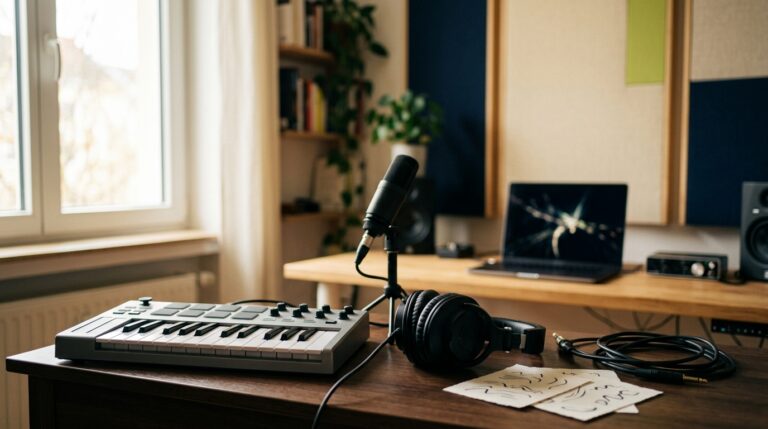 Heimstudio mit Keyboard, Mikrofon und Kopfhörern – Symbolbild für Udio