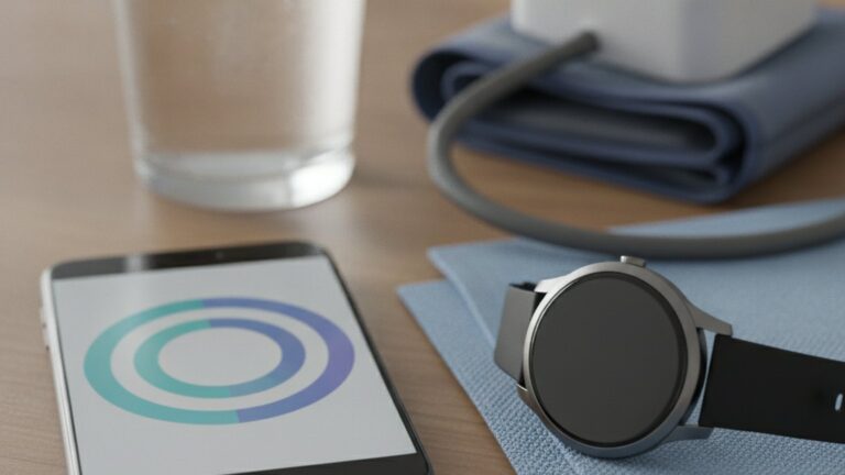 Runde Smartwatch, Smartphone und Blutdruckmanschette als ruhige Samsung-Health-Szene