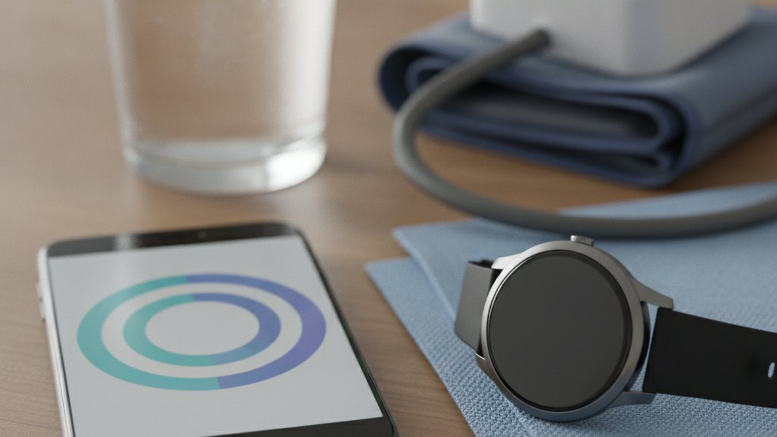 Runde Smartwatch, Smartphone und Blutdruckmanschette als ruhige Samsung-Health-Szene