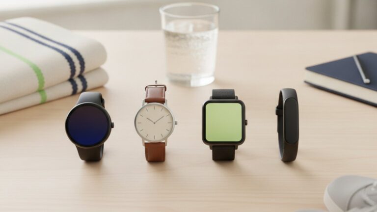Vier unmarkierte Gesundheitsuhren im Vergleich, darunter ein schlichtes Fitness-Armband