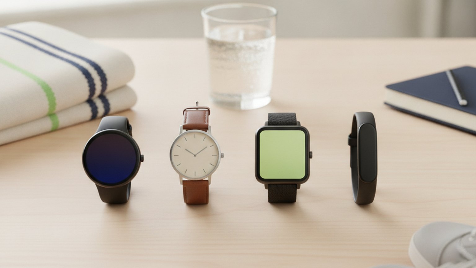Vier unmarkierte Gesundheitsuhren im Vergleich, darunter ein schlichtes Fitness-Armband
