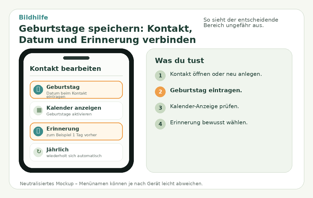Bildhilfe: Geburtstage speichern: Kontakt, Datum und Erinnerung verbinden