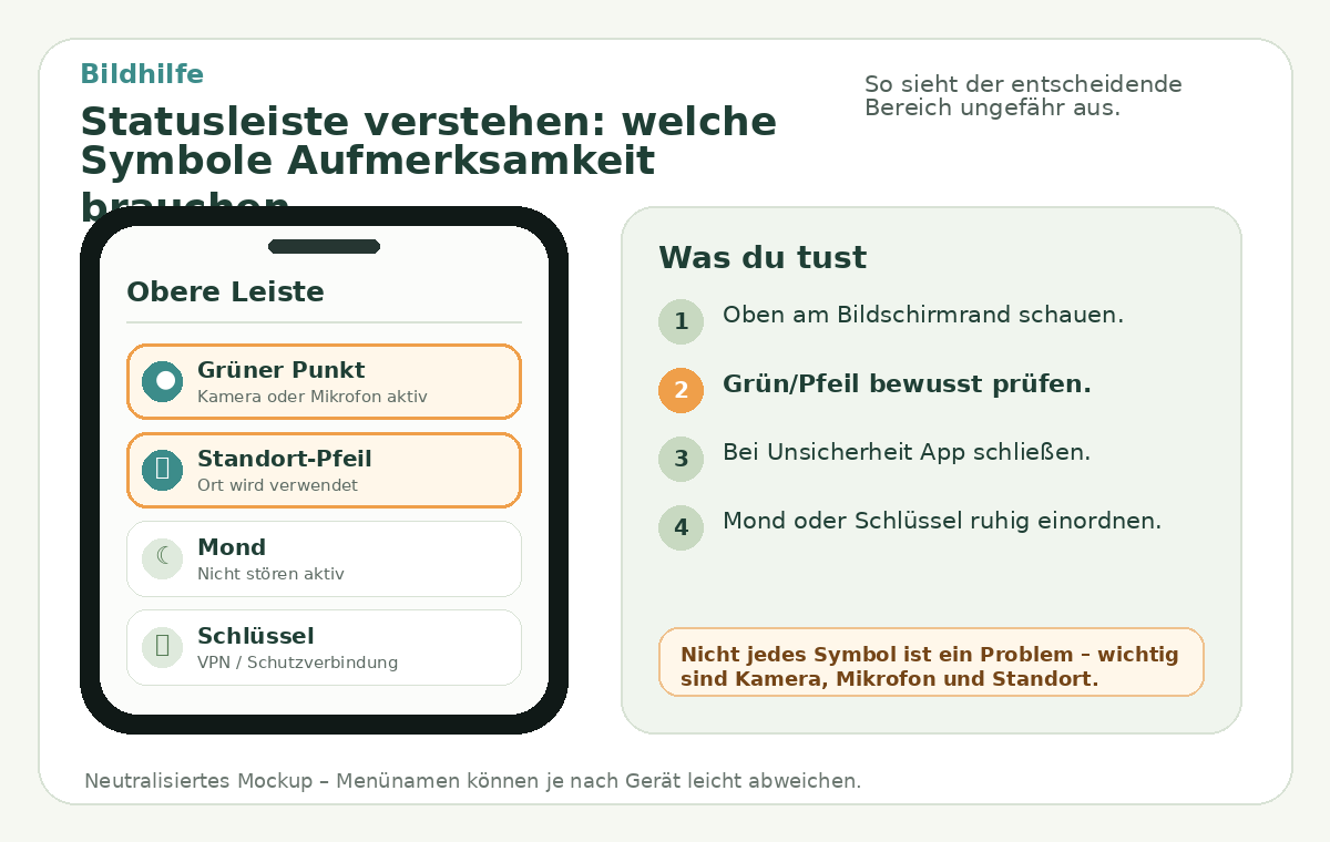 Bildhilfe: Statusleiste verstehen: welche Symbole Aufmerksamkeit brauchen