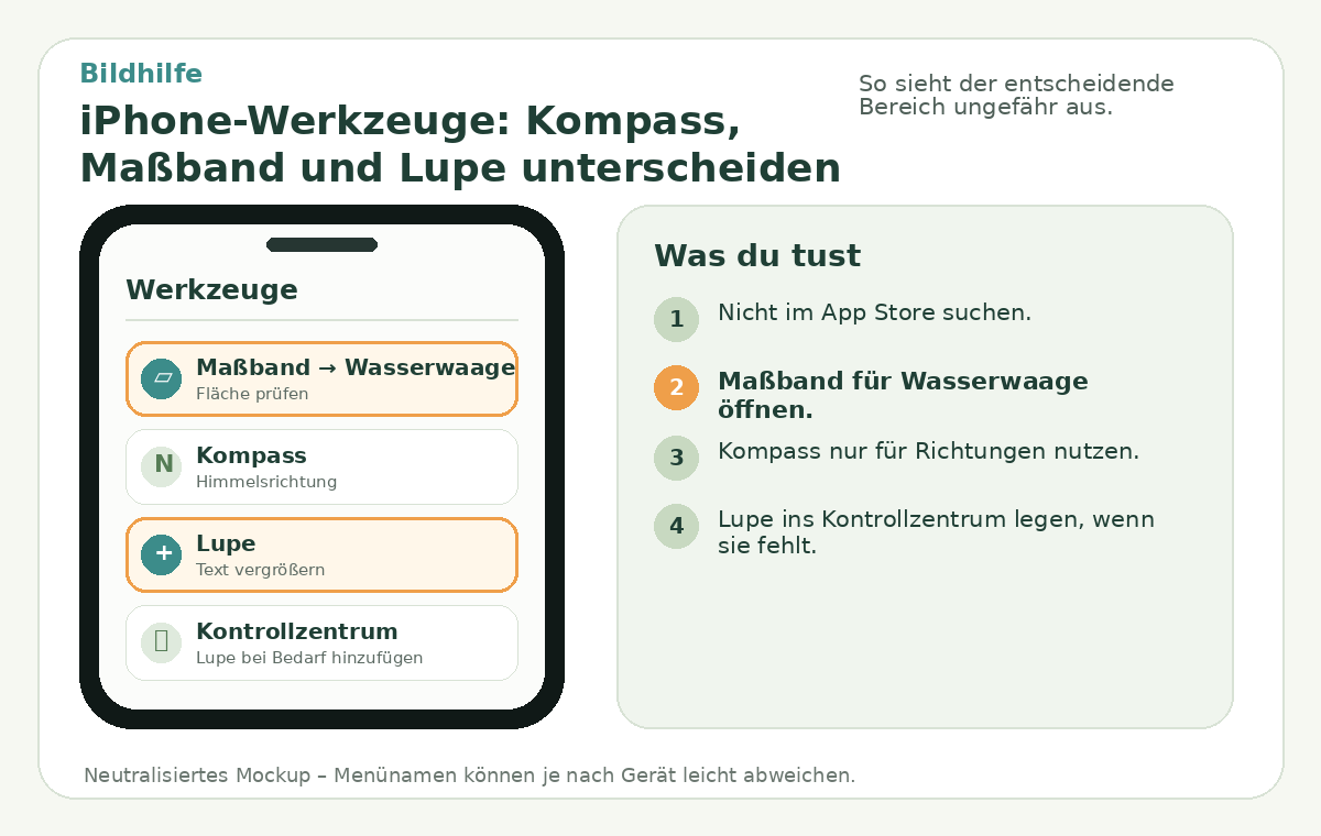 Bildhilfe: iPhone-Werkzeuge: Kompass, Maßband und Lupe unterscheiden