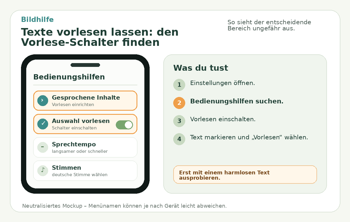 Bildhilfe: Texte vorlesen lassen: den Vorlese-Schalter finden