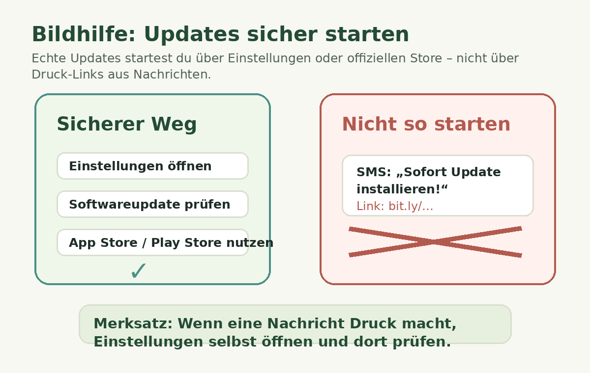 Bildhilfe: Updates über Einstellungen oder offiziellen Store starten, nicht über SMS-Link