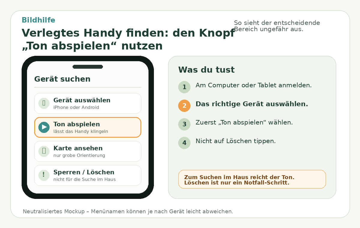 Bildhilfe: Verlegtes Handy finden: den Knopf „Ton abspielen“ nutzen