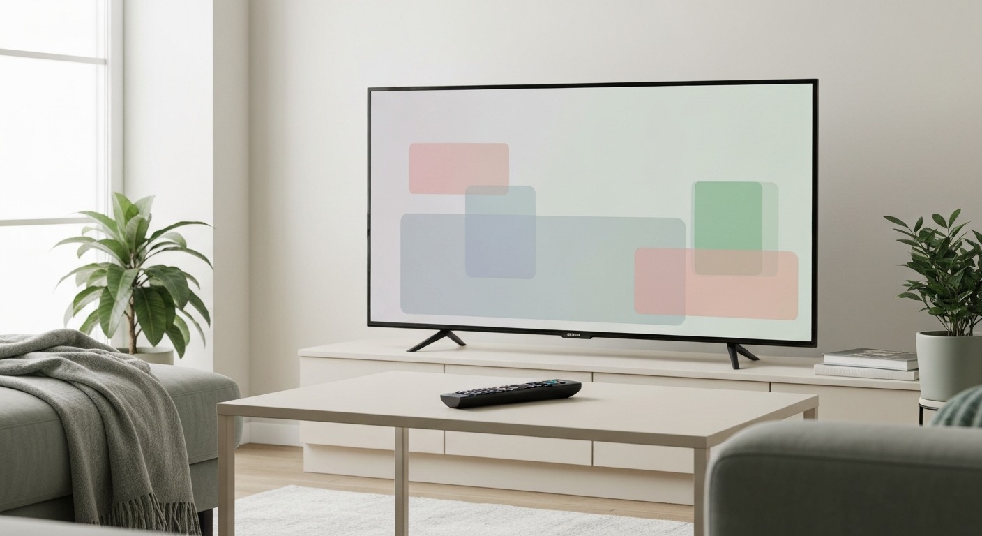Ruhige Wohnzimmer-Szene mit Fernseher und Fernbedienung als Bild für Mediatheken.