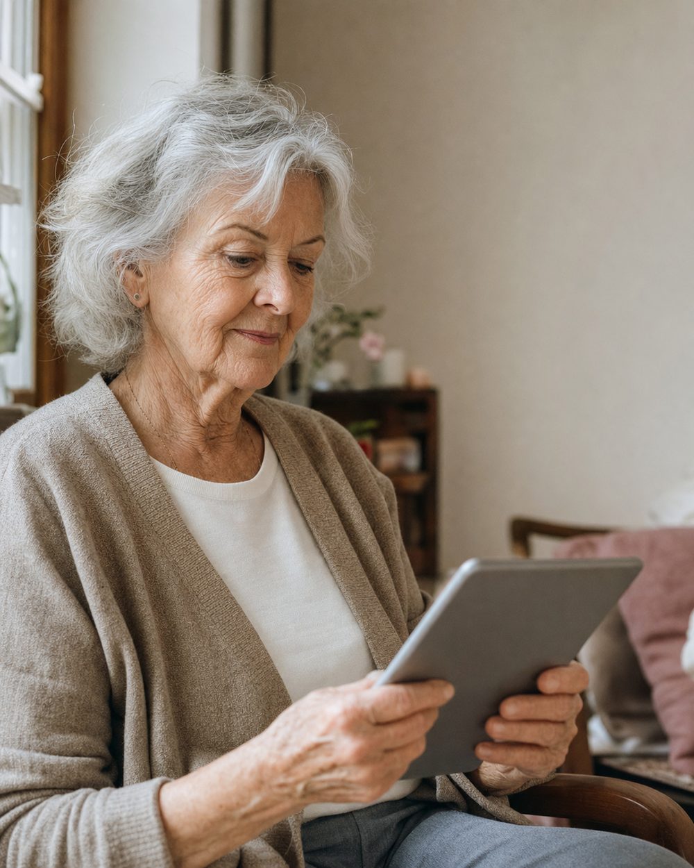 Ältere Frau sitzt am Fenster und liest entspannt auf einem Tablet