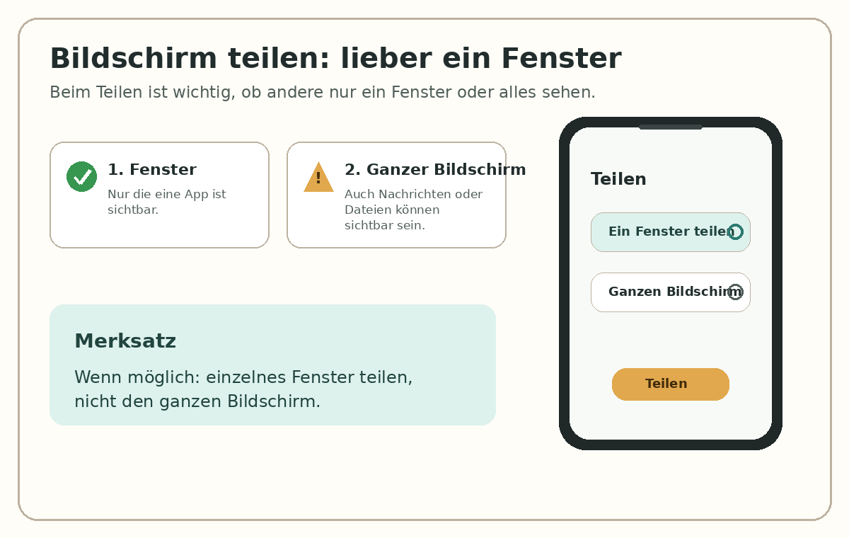 Bildhilfe: Beim Bildschirmteilen lieber ein einzelnes Fenster wählen