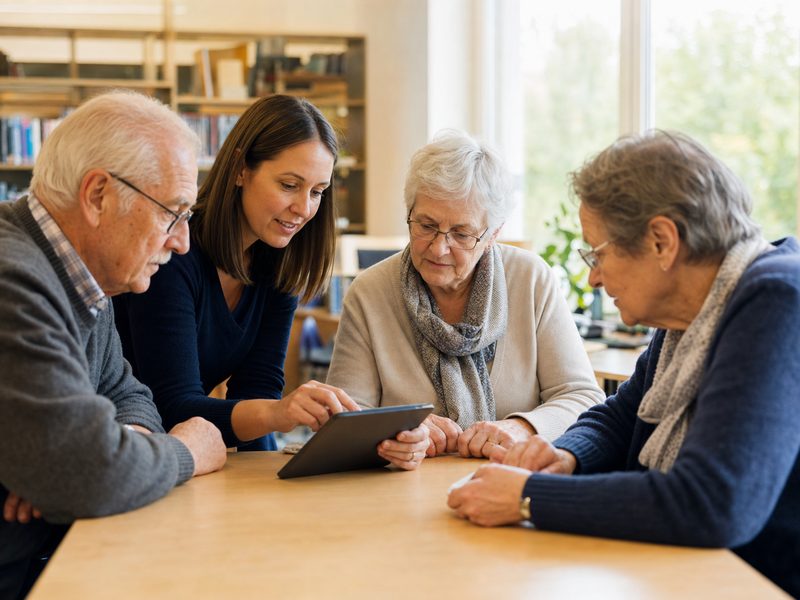 Kleine Gruppe älterer Menschen übt gemeinsam mit einer Kursleiterin am Tablet