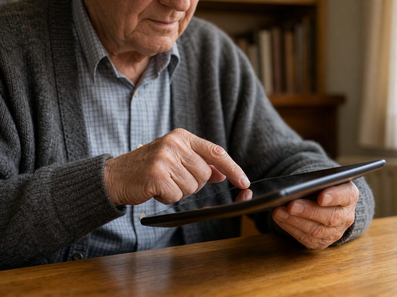 Hände eines älteren Mannes tippen auf einem Tablet