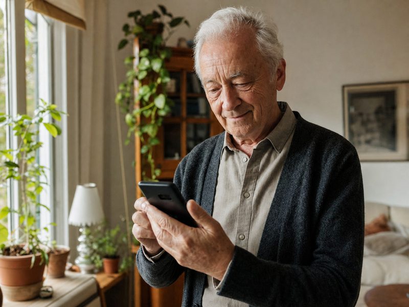 Älterer Mann steht zuhause am Fenster und bedient sein Smartphone