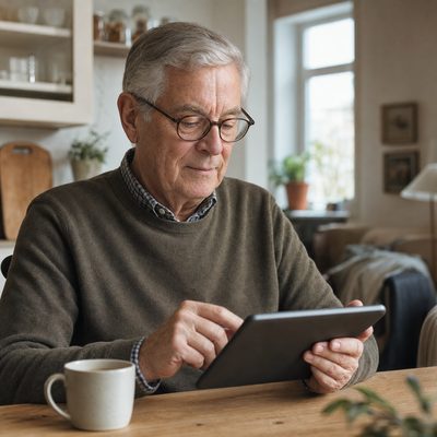 Älterer Mann erledigt am Küchentisch Bankgeschäfte auf dem Tablet