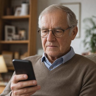 Älterer Mann betrachtet skeptisch eine Nachricht auf seinem Smartphone