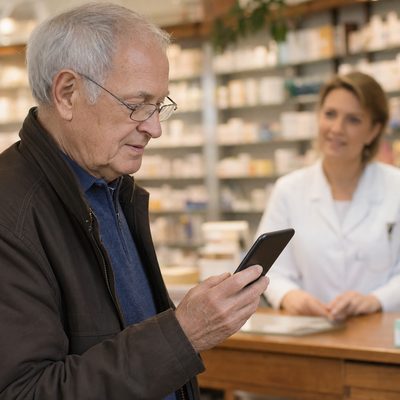 Älterer Mann zeigt in der Apotheke sein E-Rezept auf dem Smartphone