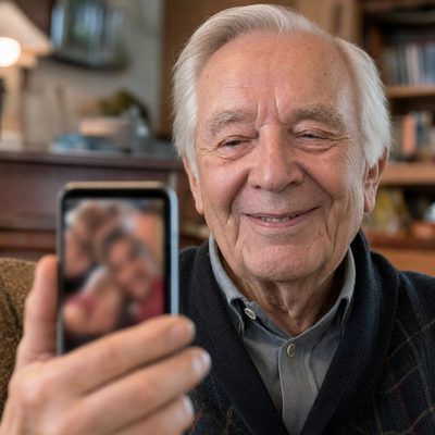 Älterer Mann lächelt bei einem Videoanruf auf dem Smartphone