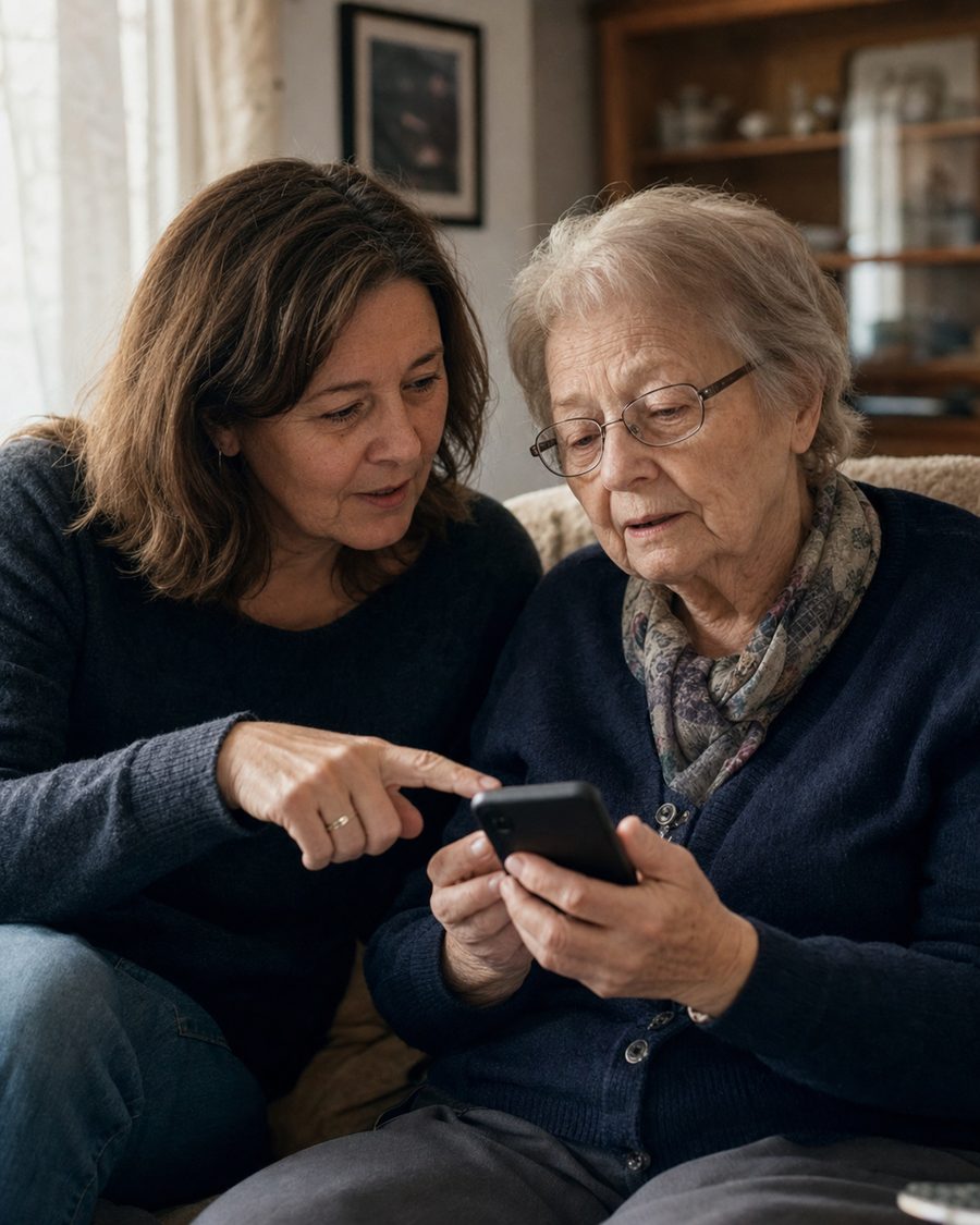 Erwachsene Tochter zeigt ihrer Mutter etwas auf dem Smartphone