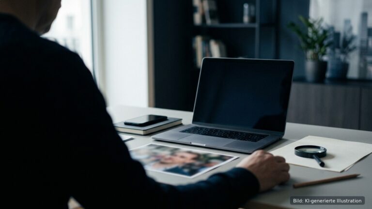 Fotorealistische Szene zu KI-Sorgen: Eine Person prüft an einem modernen Tisch Unterlagen und ein Bild mit Lupe, Laptop und Smartphone. Bild: KI-generierte Illustration.