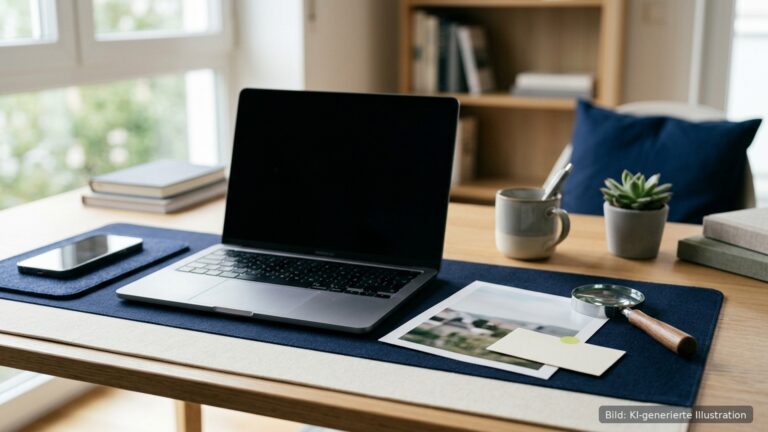 Fotorealistische Szene zur KI-Kennzeichnung: Laptop mit dunklem Bildschirm, Smartphone, Foto, Blanko-Label und Lupe auf modernem Tisch. Bild: KI-generierte Illustration.