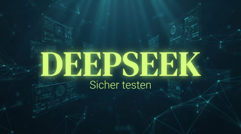Titelbild „DeepSeek – Sicher testen“ auf dunklem Netzwerk-Hintergrund