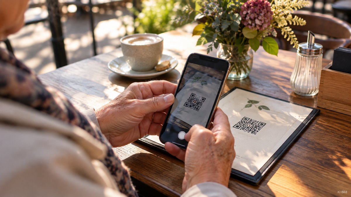 Zwei Hände halten ein Smartphone über eine Speisekarte mit QR-Code, im Hintergrund eine Kaffeetasse und Blumen auf dem Café-Tisch.