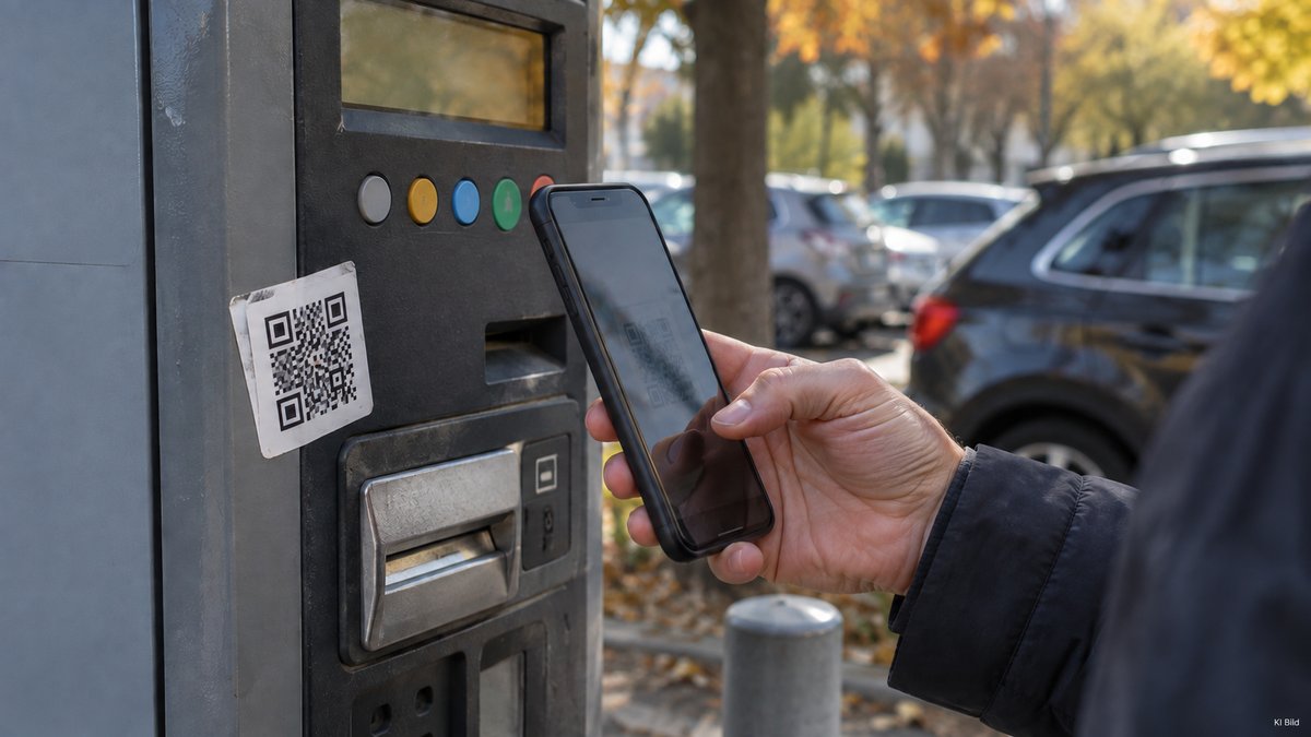 Eine Hand hält ein Smartphone vor einen Parkautomaten mit QR-Code-Aufkleber, herbstlicher Parkplatz im Hintergrund.